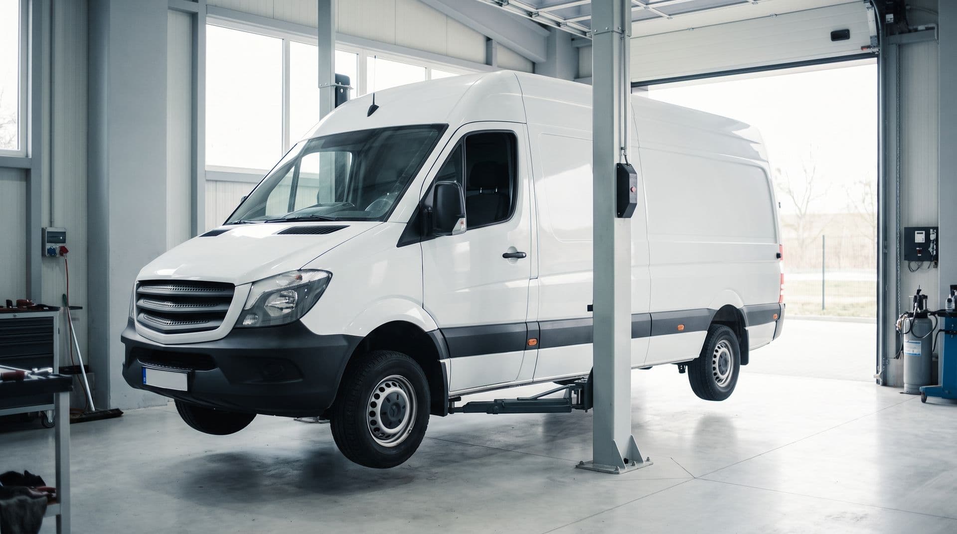 A white delivery van raised on a two-post lift in a workshop bay