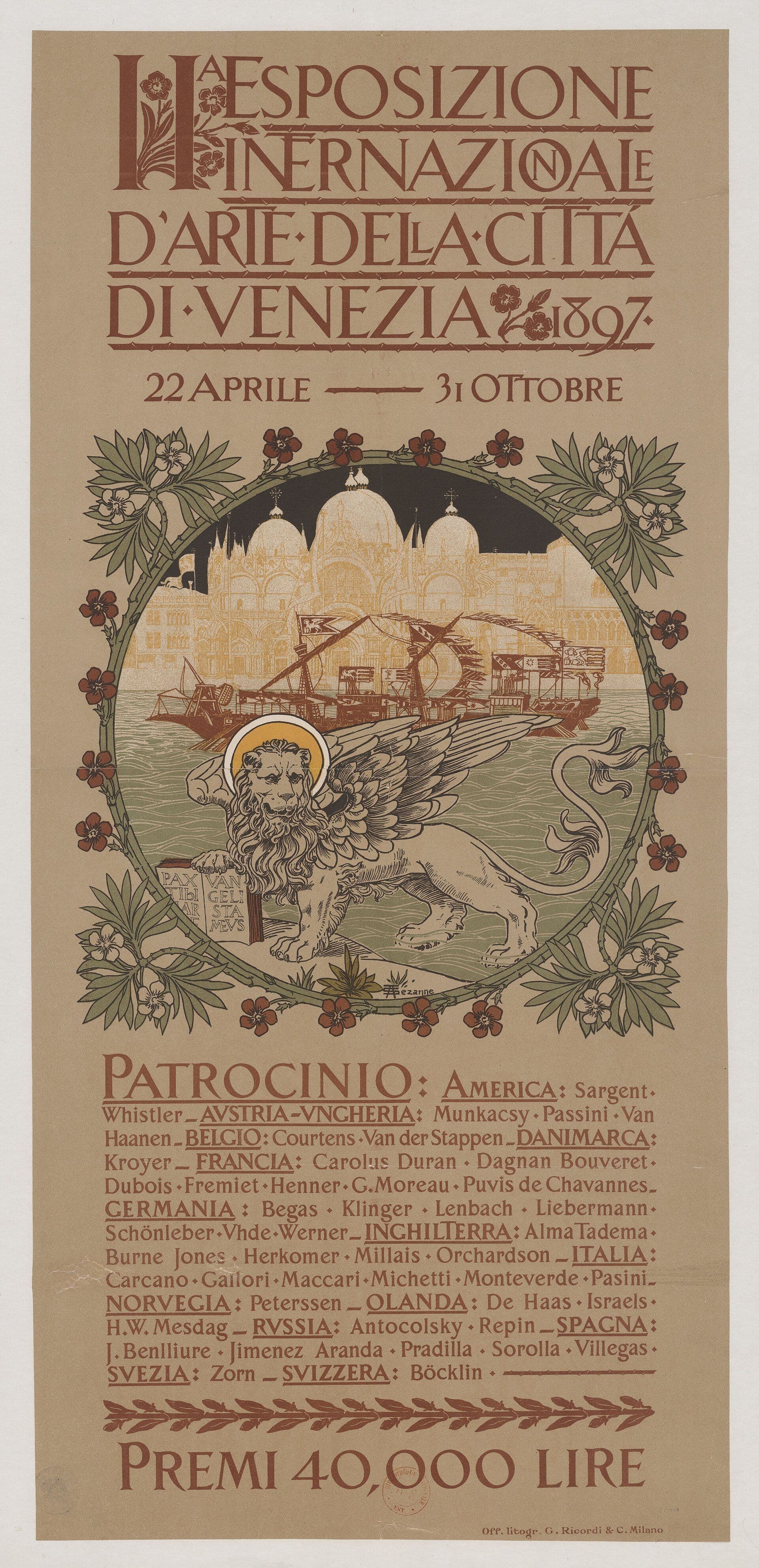 Poster for the 1897 Venice art exhibition, with a winged lion and a list of patron countries.