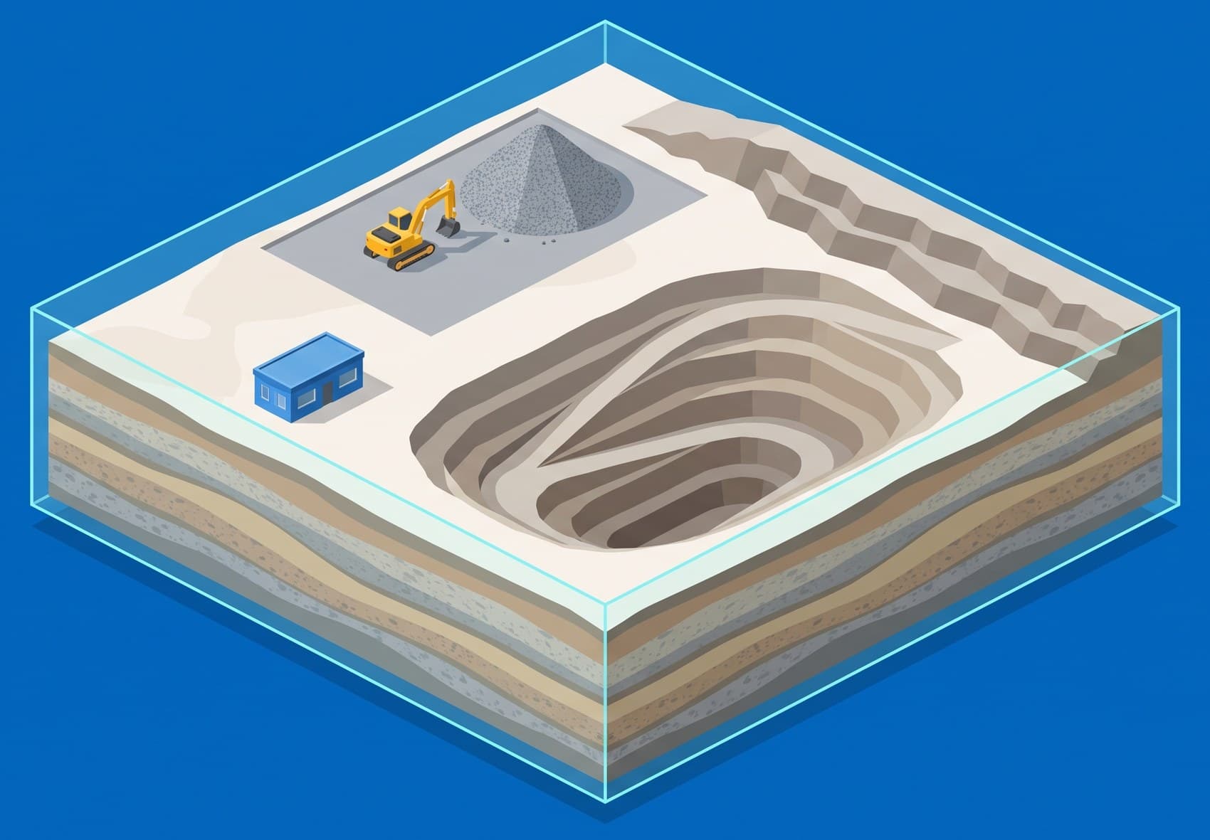 Isometric cutaway of the Tarrant Hill open-pit mine with a stockpile pad, an excavator, a site office and a terraced pit