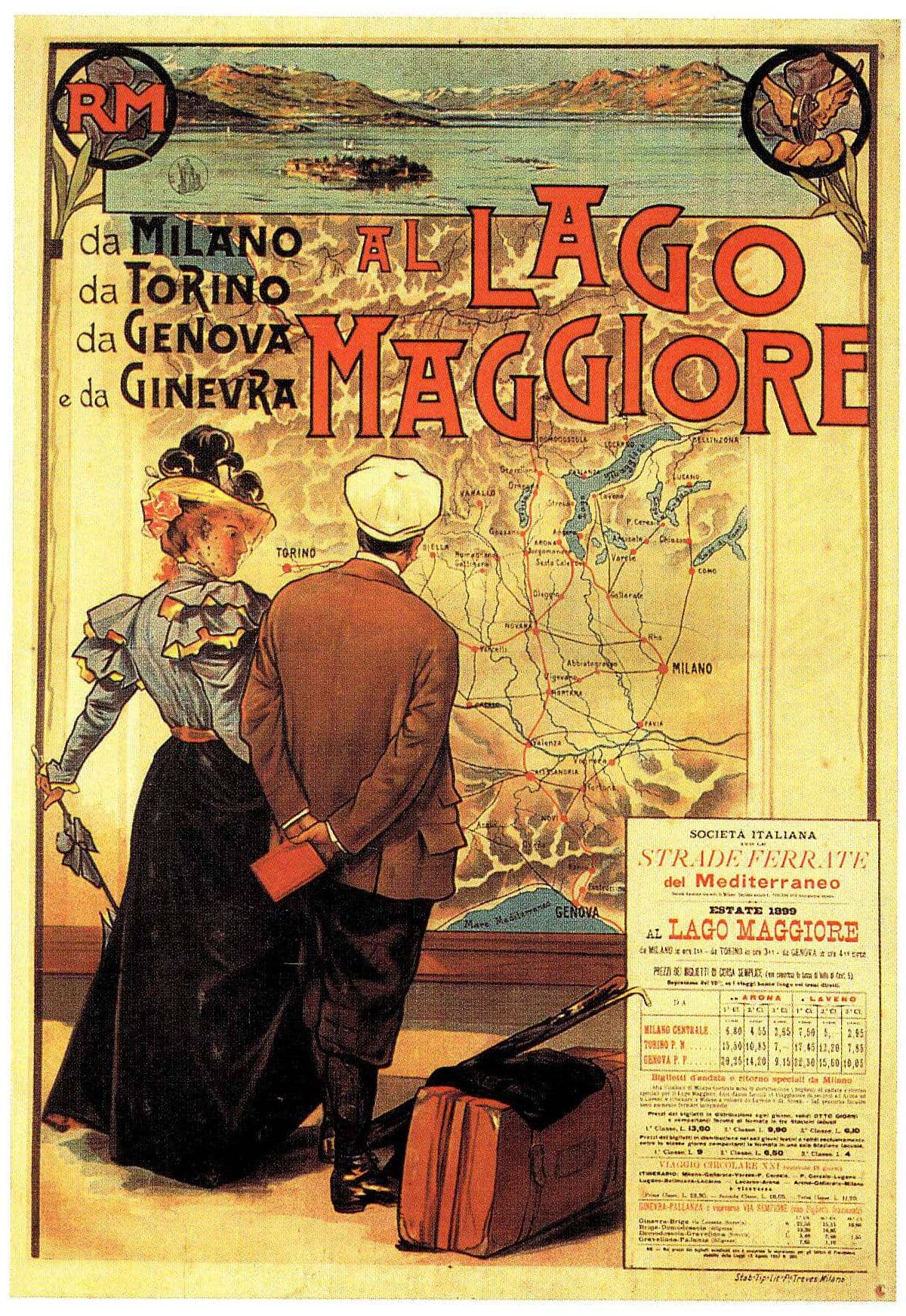 Italian railway poster, 1899: a couple seen from behind studying a map of Lake Maggiore, with a timetable at the lower right.