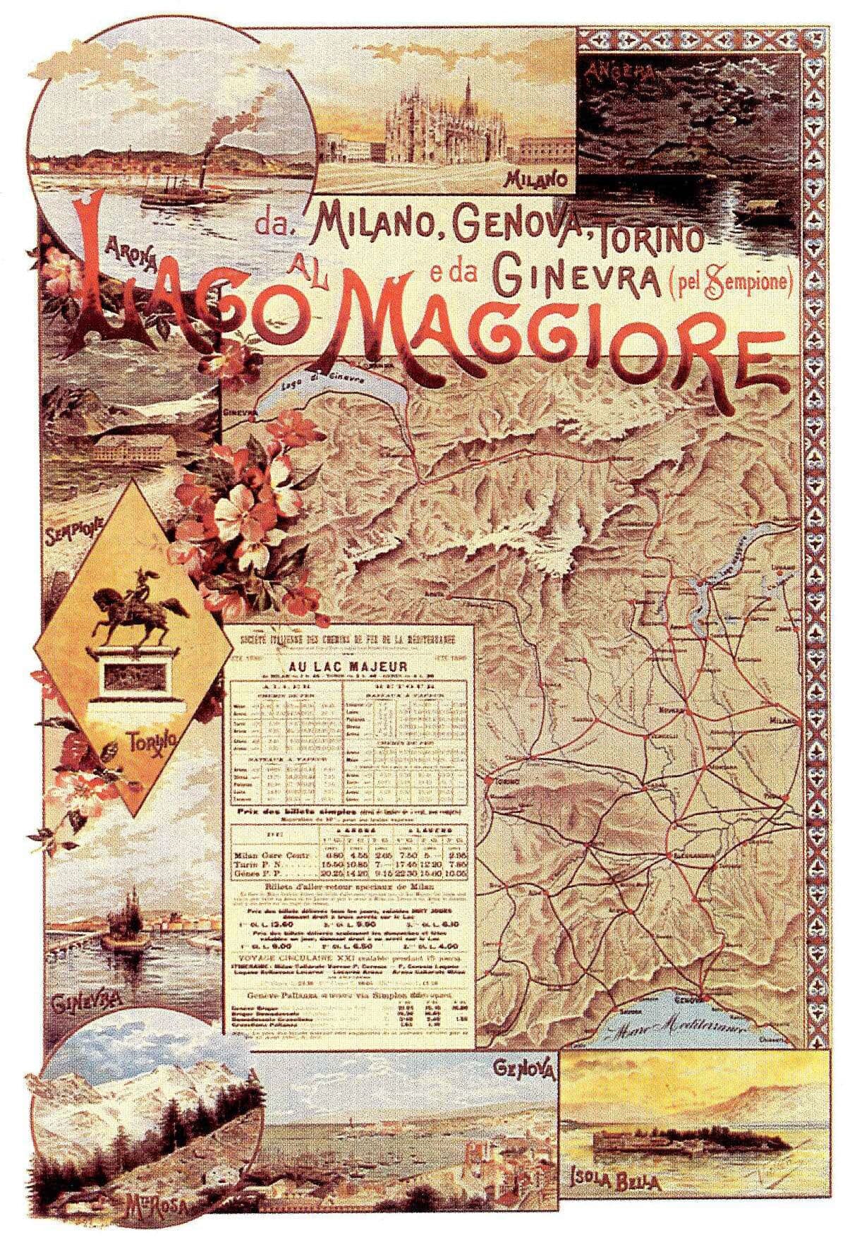 Italian railway poster, about 1900: a relief map of northern Italy with the lakes and rail lines, framed by views of Milan and Genoa.
